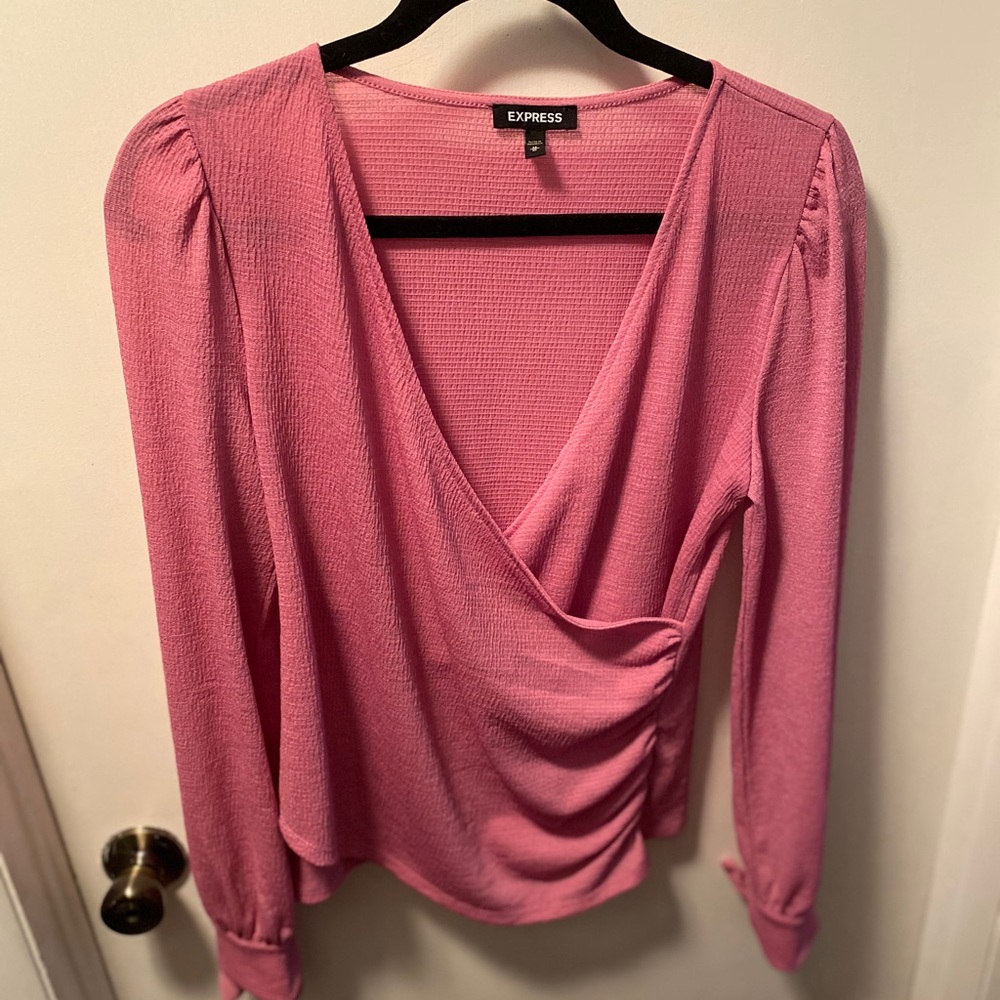 Pink blouse w wrap front look with tie sleeves